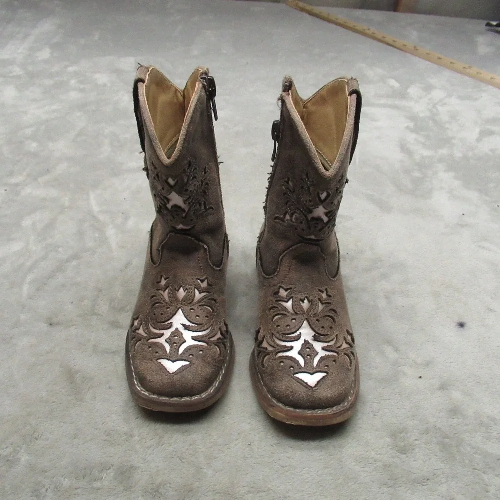 Roper Toddlers 7 Lola Cowboy Boots Brown Faux Leather‎ Western Side Zip Square